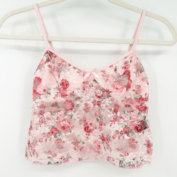 Shein‎ Womens Y2K Coquette Barbiecore Lace Mesh Floral Crop Cami Top Size S Pink - Picture 1 of 6